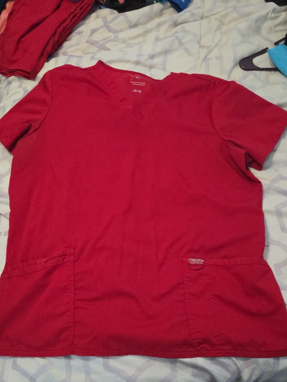 Set Cherokee Women's Bright Red V-Neck Short Sleeve Scrub Top And Scrub Bottoms
